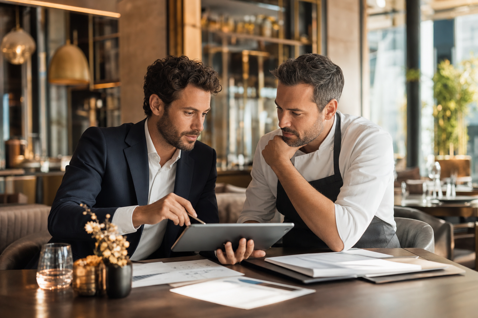 Restaurant consultant reviewing plans with a chef in an elegant restaurant
