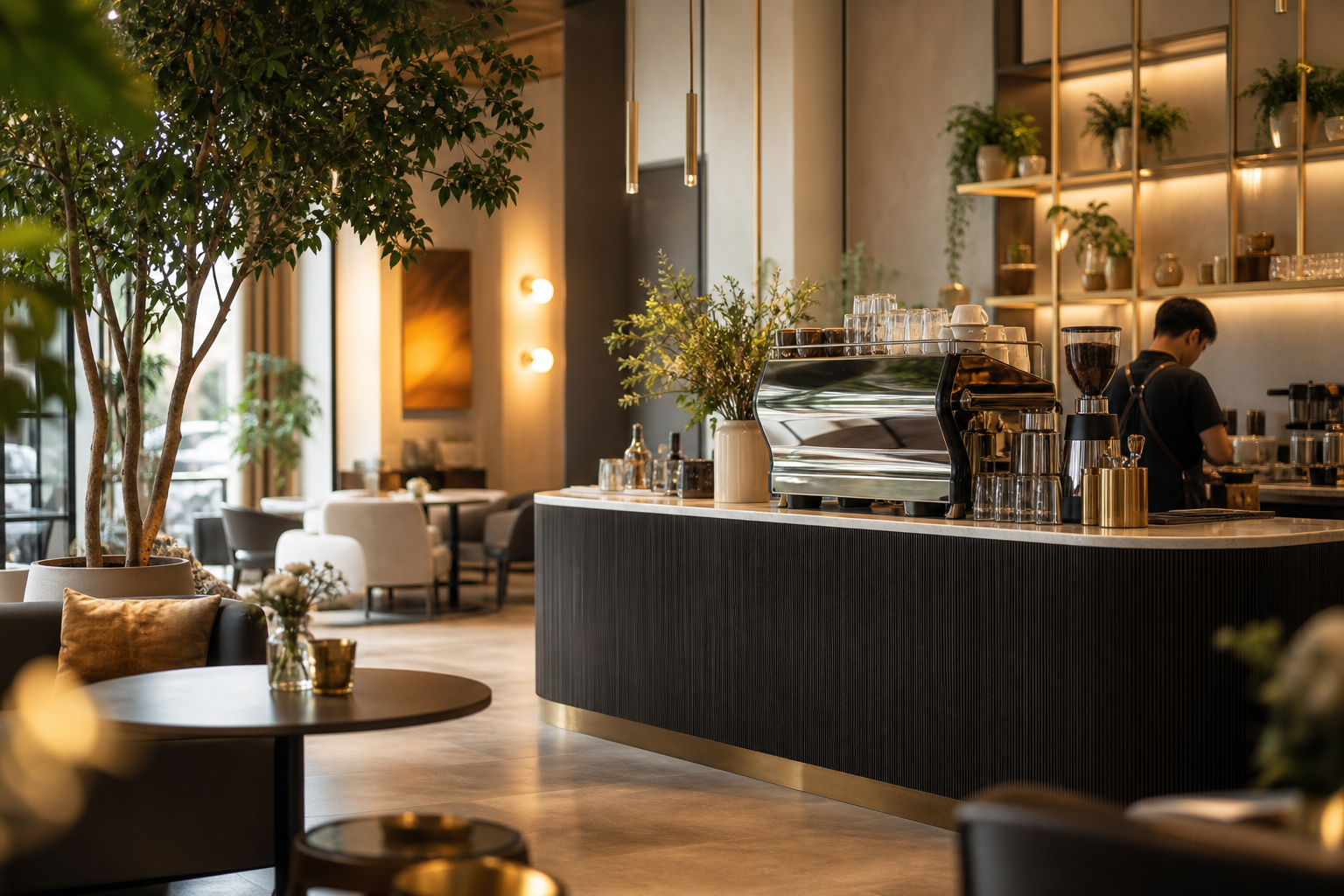Modern café interior with barista counter