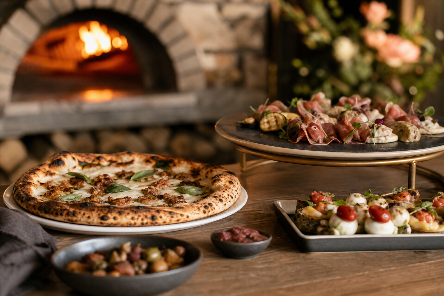 Wood-fired pizza and catering platters